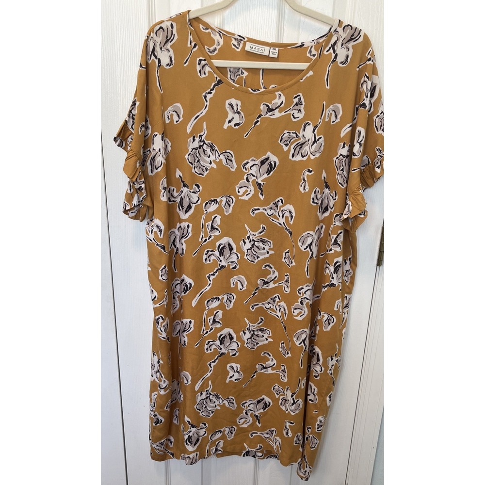 Masai Copenhagen Yellow Floral A-Line Midi Dress Short Sleeve XXL